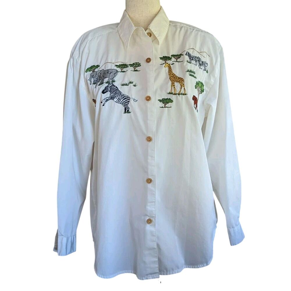 Vintage ALFRED DUNNER White Button Down Shirt Embroidered Safari Animals Sz 14